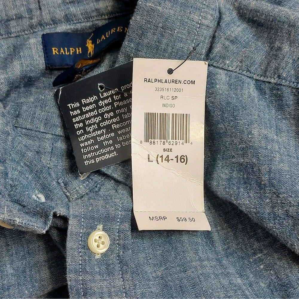 Ralph Lauren Boys Size Large (16/18) Chambray Button Down Long Sleeve Shirt NEW!